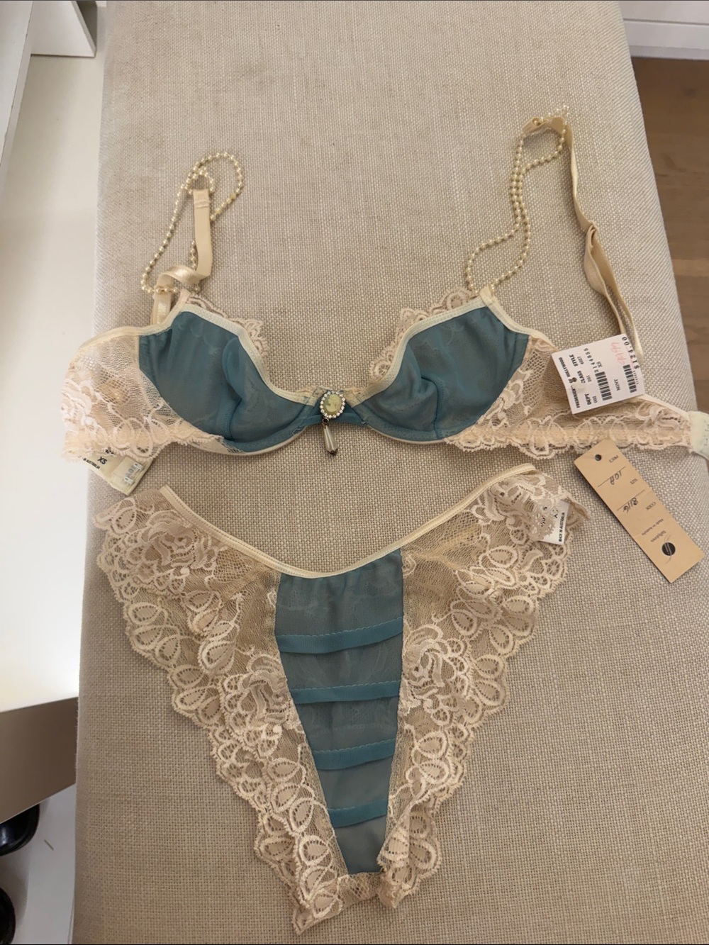 Sally Jones handmade Beige Lace Sheer Bra & pantie Set - XS